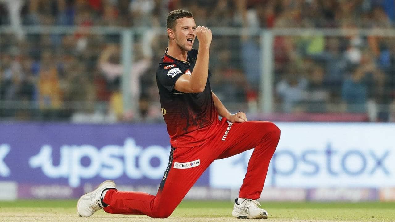 Hazlewood taking a wicket for RCB in IPL