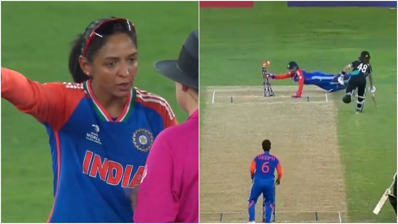 Harmanpreet talks with umpires after wicket of Amelia Kerr