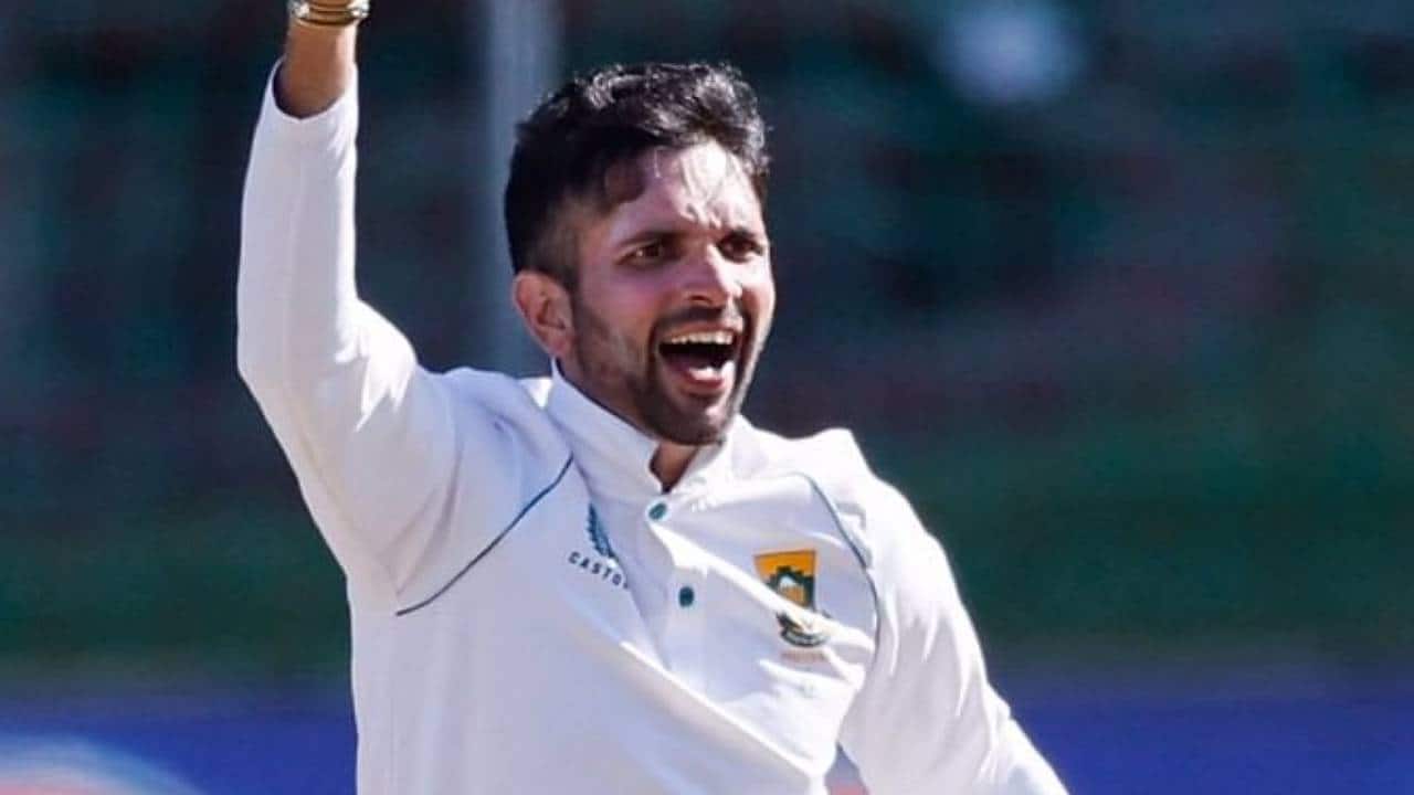 Maharaj bowling during a Test match
