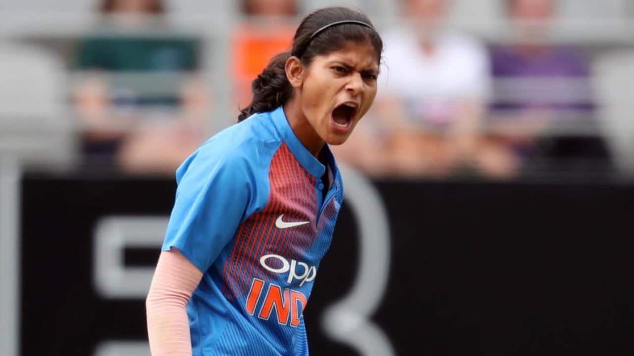 Radha taking a wicket during a T20I
