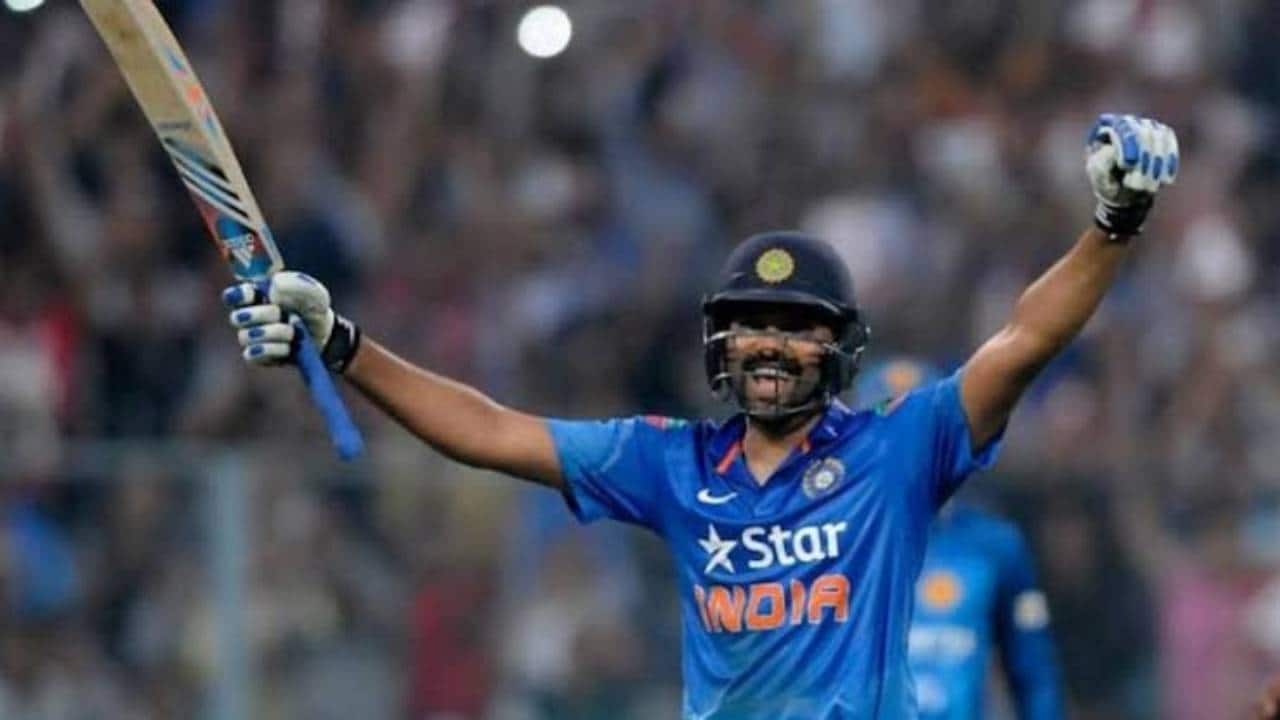 Rohit celebrating after scoring a double-ton