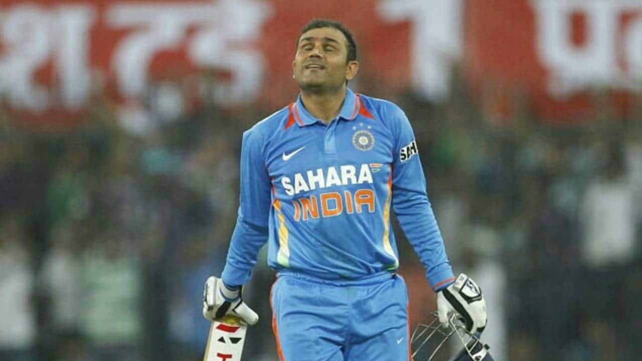 Sehwag celebrating his double-ton