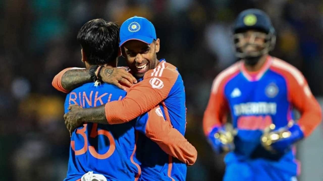 Suryakumar hugging Rinku during match against Bangladesh